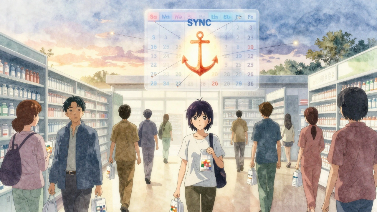 Diverse patients entering a pharmacy each holding one bag of all their synced medications under a glowing calendar.