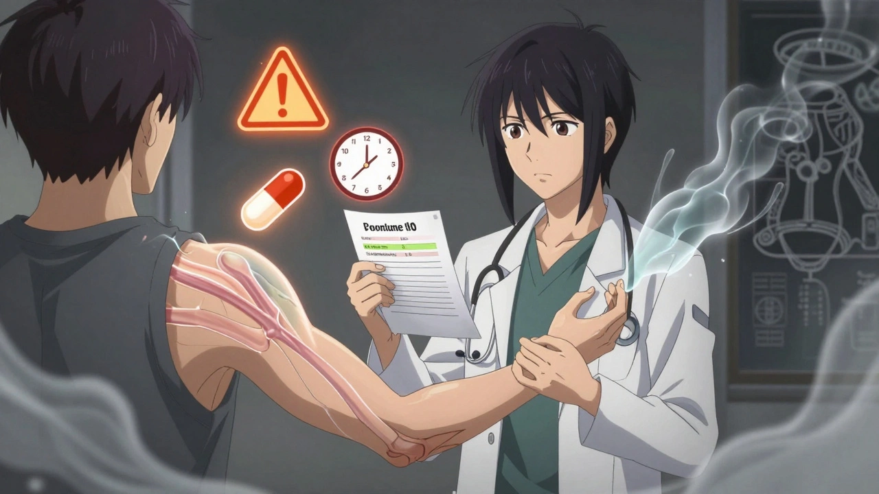 Doctor holding blood report as a fraying ghost-tendon flickers above patient&#039;s shoulder.