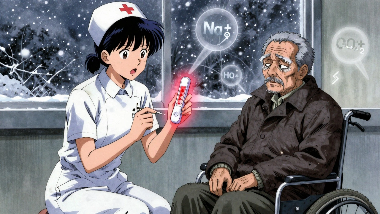 ER nurse holding thyroid test device as elderly man shivers in winter coat, snowstorm visible through window.