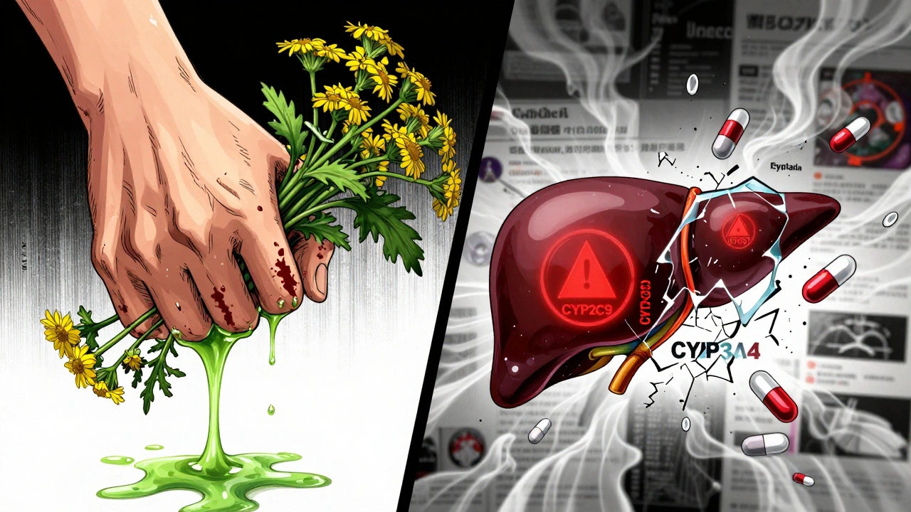 Hands crushing feverfew leaves while liver enzymes shatter, anticoagulant pills cracking nearby.