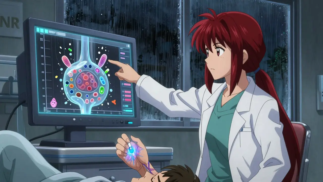 Hospital monitor showing a spike in INR levels, gut bacteria collapsing under antibiotic particles, patient clutching warfarin.