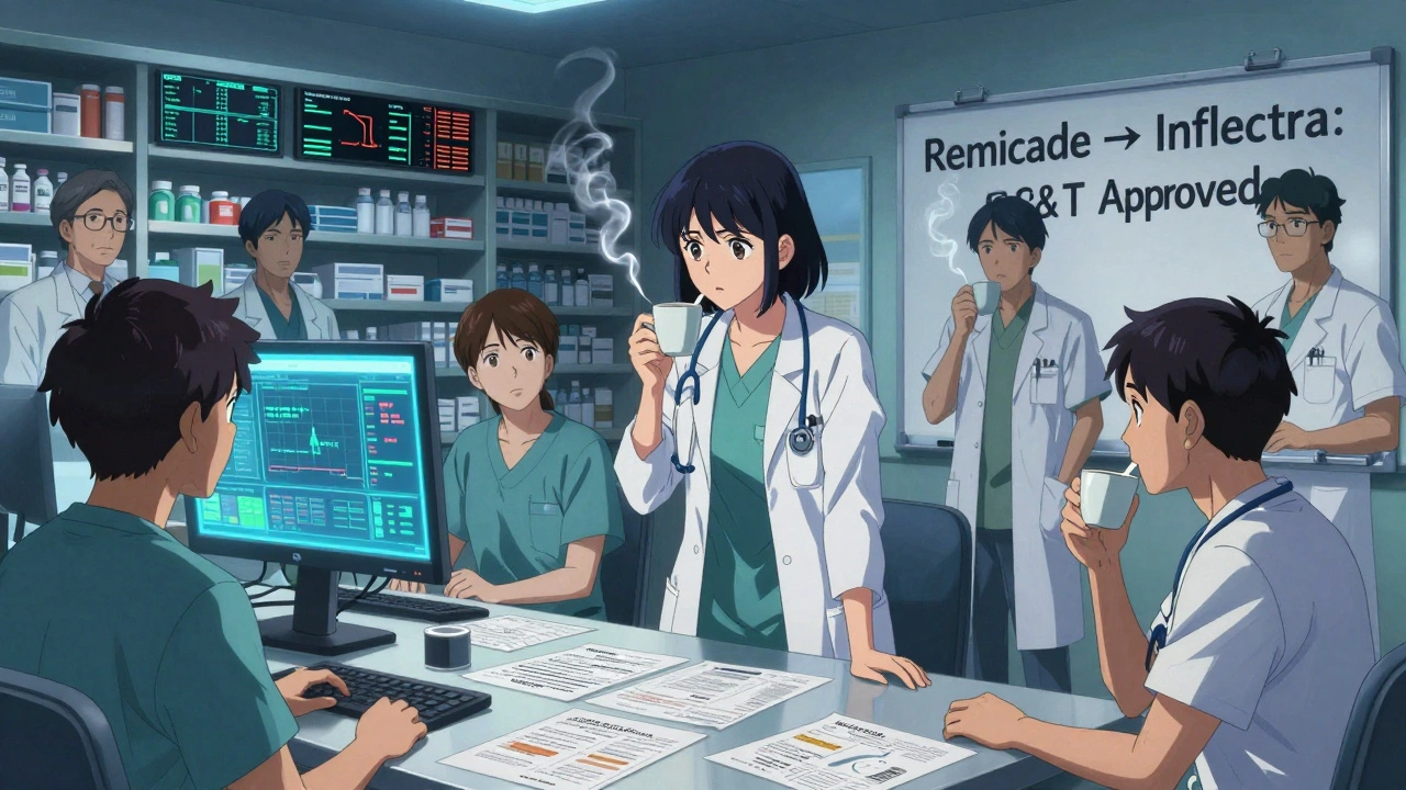 Hospital pharmacy team reviewing clinical data for a biosimilar switch on glowing monitors.