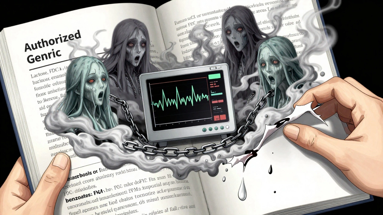 Ink-like spirits of inactive ingredients chained to a heart monitor, with a torn page labeled &#039;Authorized Generic&#039;.