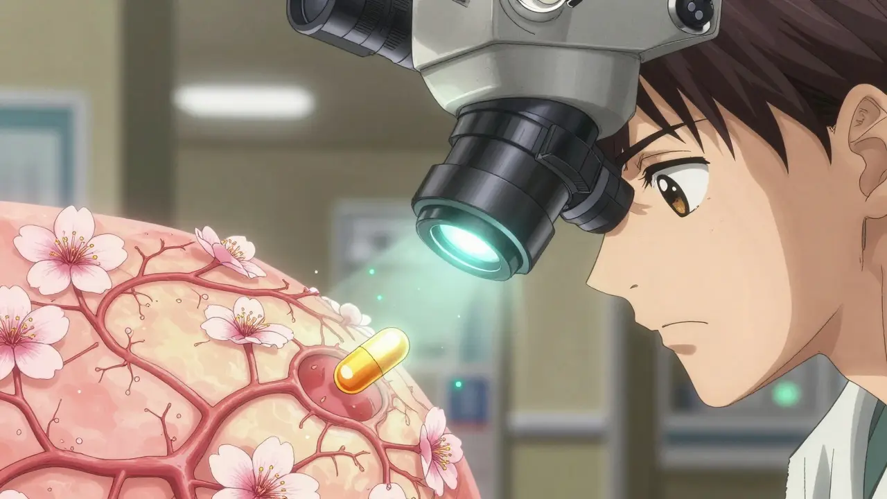 Microscope view of colon biopsy with glowing anti-inflammatory particles calming inflamed tissue, rendered in delicate ink-wash detail.