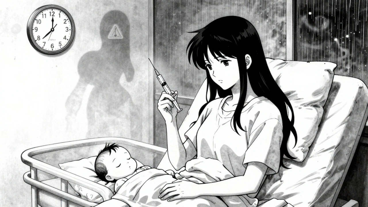 Mother holding morphine syringe beside sleeping baby, with fading warnings of dangerous drugs in shadows.