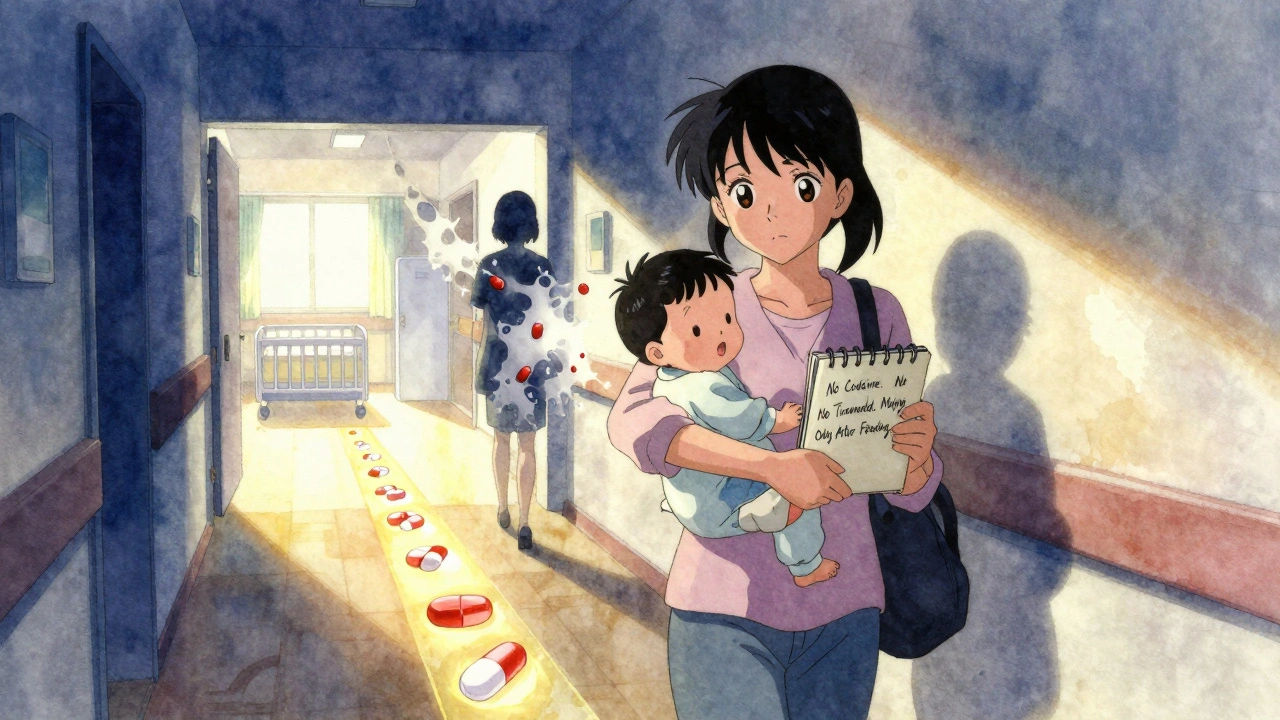 Mother walking with baby at dawn, holding notes on safe meds as dangerous pills dissolve behind her.