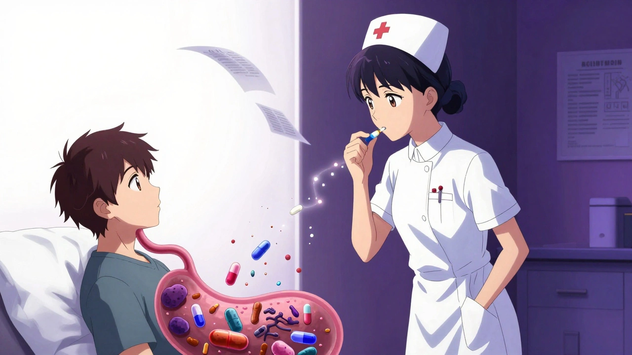 Nurse observes patient taking TB medication, pill transforming into antibiotics attacking bacteria in a surreal internal landscape.