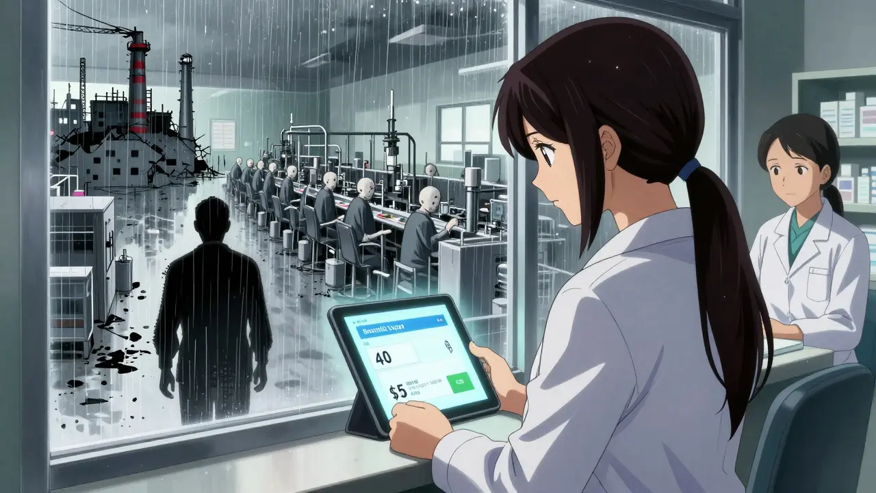 Patient choosing between expensive and cheap drug options, shadows showing consequences.