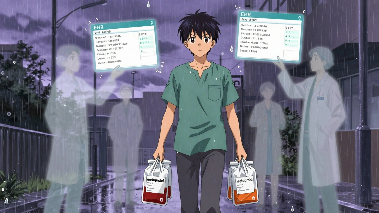 Patient holding two different prescriptions, ghostly pharmacists arguing over conflicting digital records in the rain.