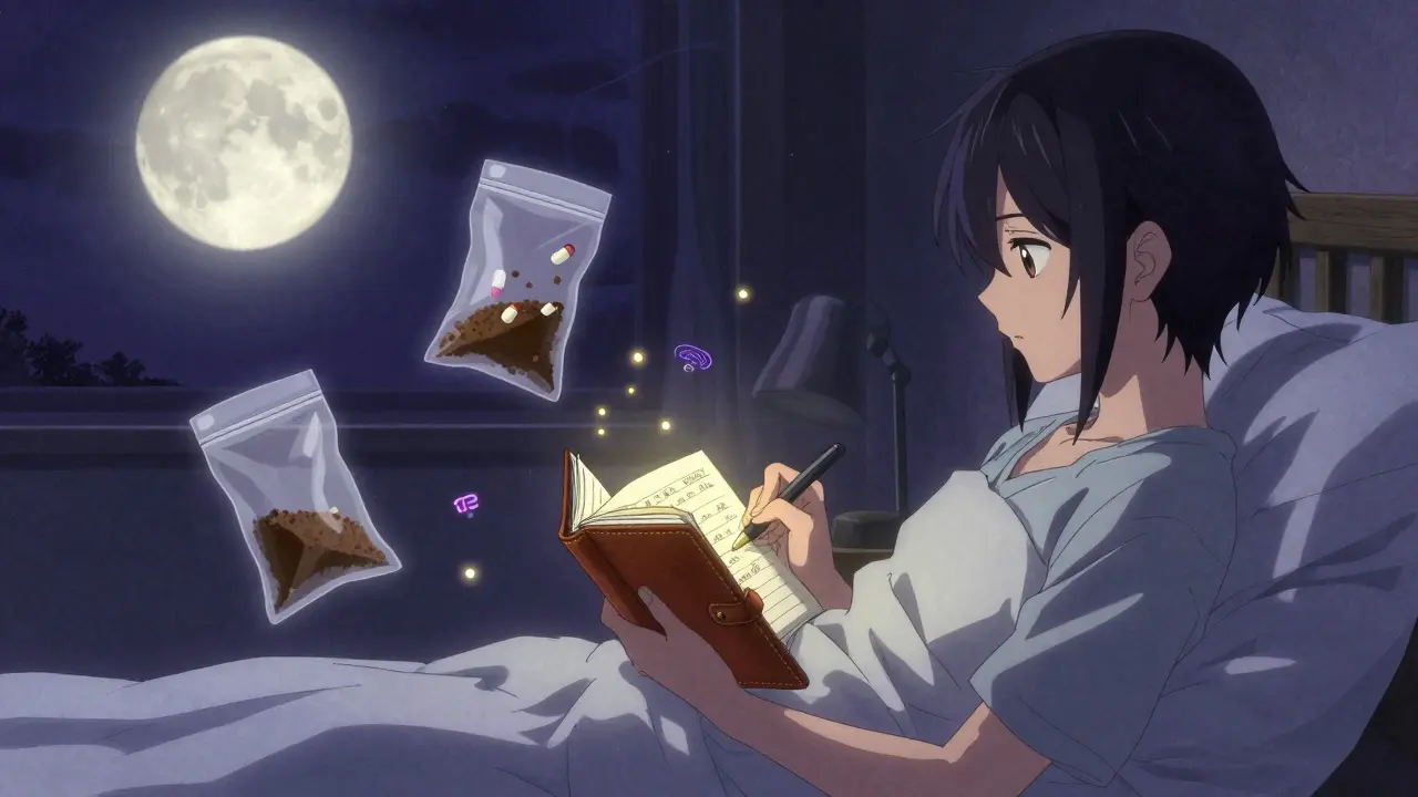 Patient logging prescription details at night, discarded pills transforming into sealed trash bag in moonlight.