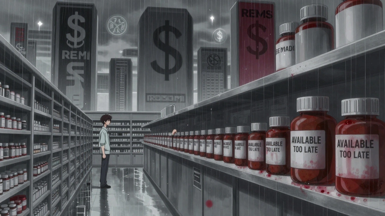 Patient reaching for delayed generic pill as corporate monoliths loom, REMS symbols float like curses.