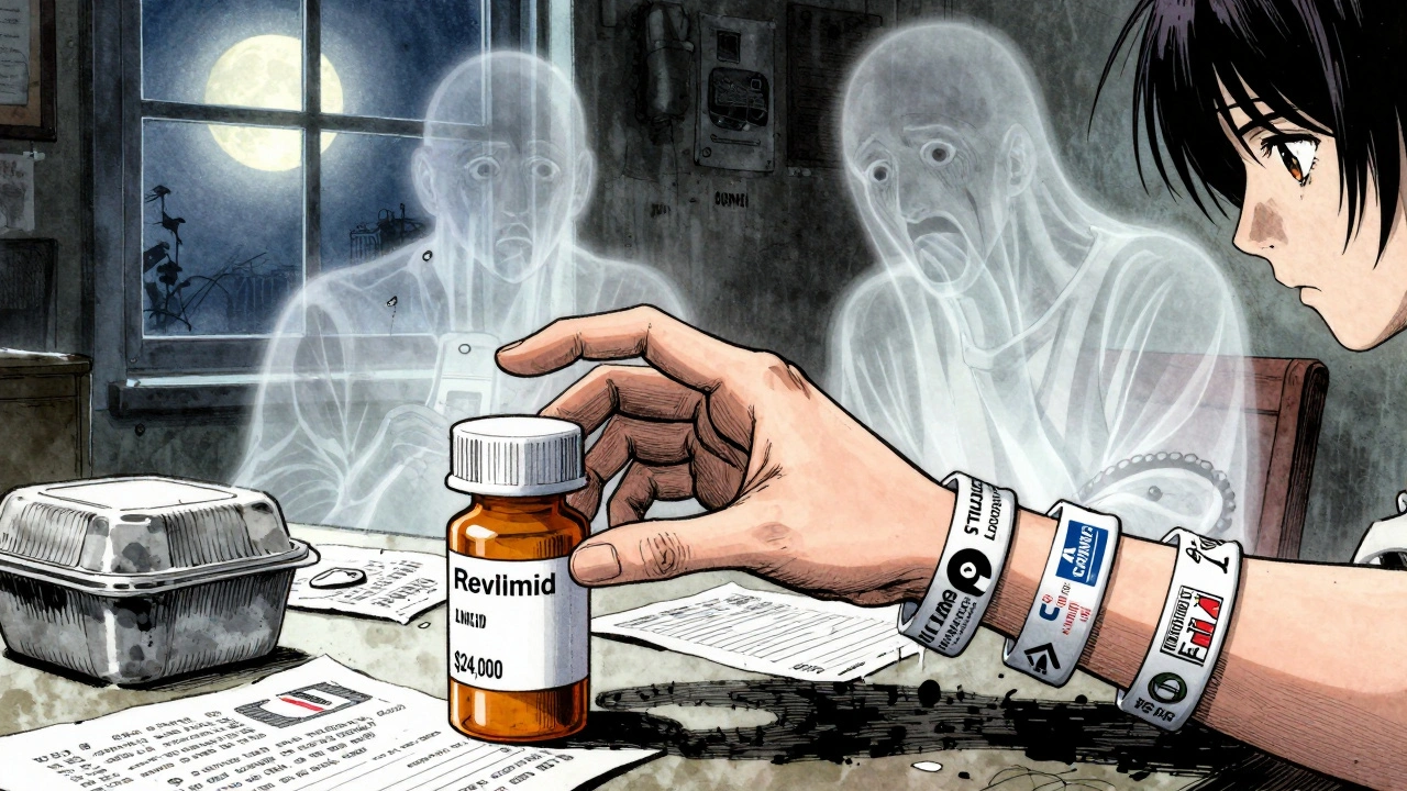 Patient reaching for expensive drug while generic versions fade away, surrounded by bills and shadows