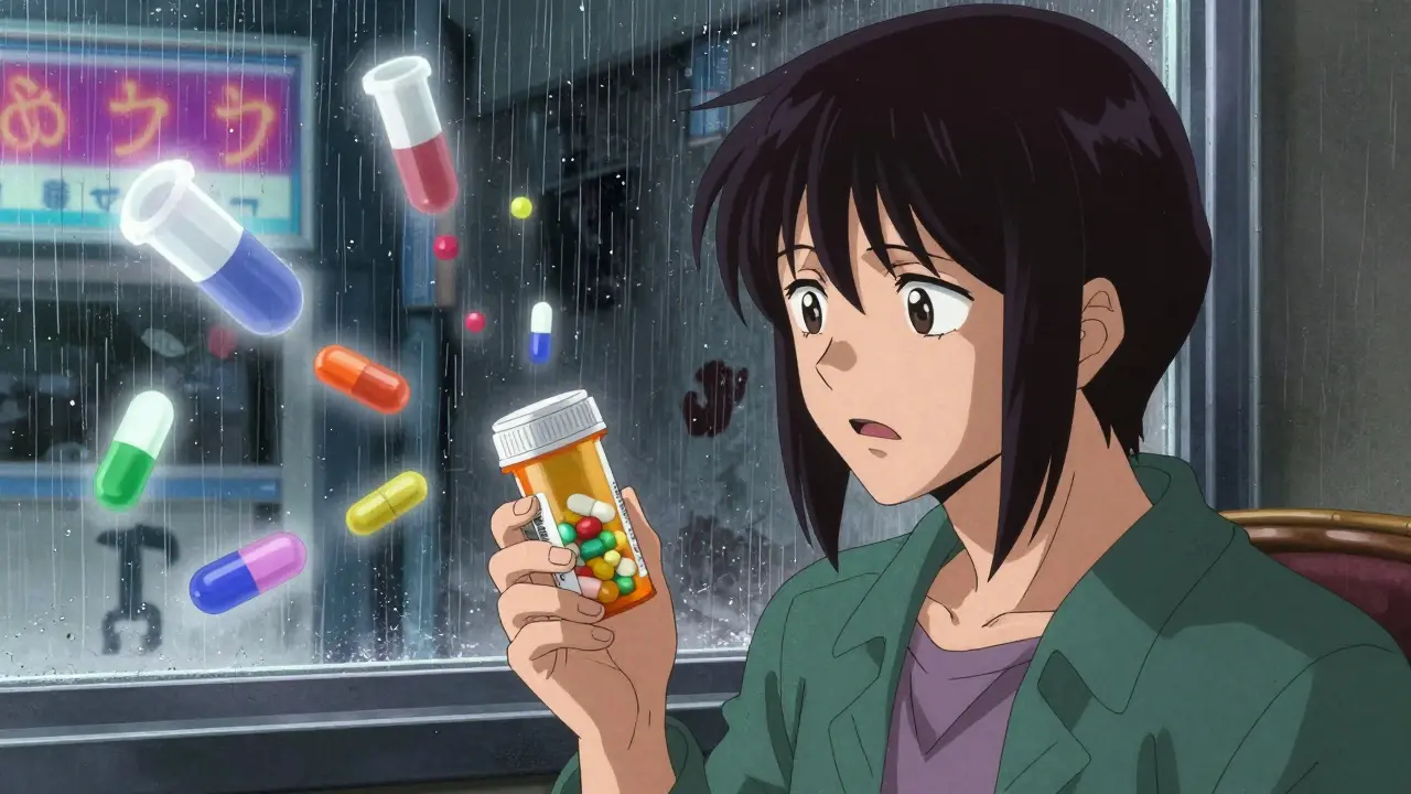 Patient staring at a pill that looks exactly like their brand-name drug, with ghostly generic versions around them.