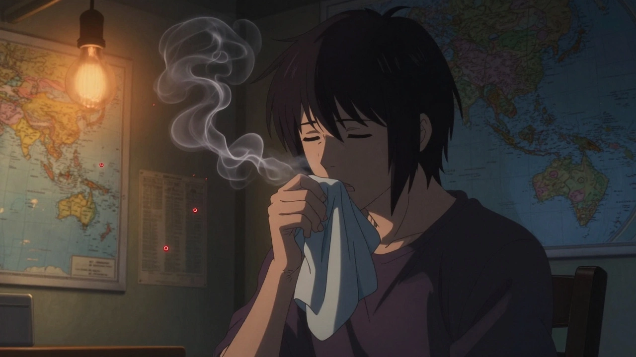 Person coughing in a dim room, ghostly crimson TB droplets rising into the air, maps of high-risk countries on the wall.