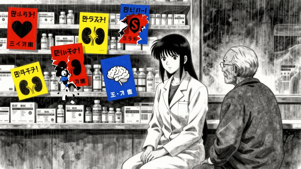 Pharmacist and elderly patient surrounded by floating, surreal drug warning labels.
