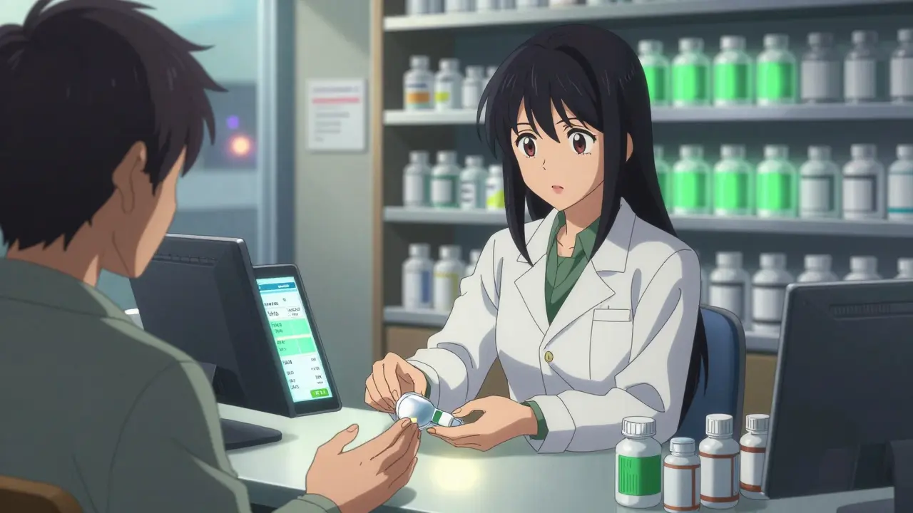 Pharmacist handing replacement medication to patient with digital recall alerts on tablet.