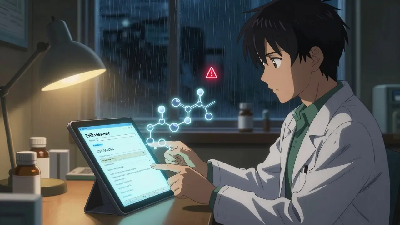 Pharmacist sending a secure electronic message to a prescriber about a generic substitution at night.