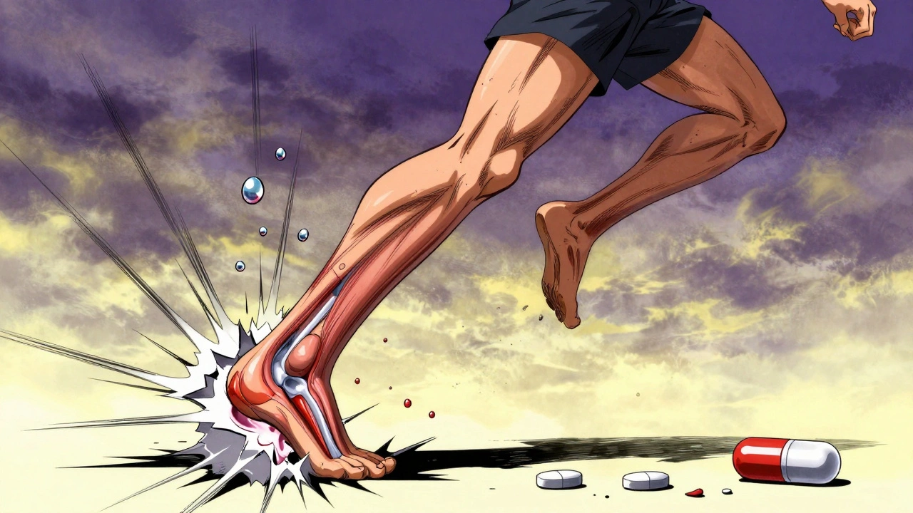 Runner&#039;s Achilles tendon snapping mid-stride with visible shockwaves and suspended blood droplets.