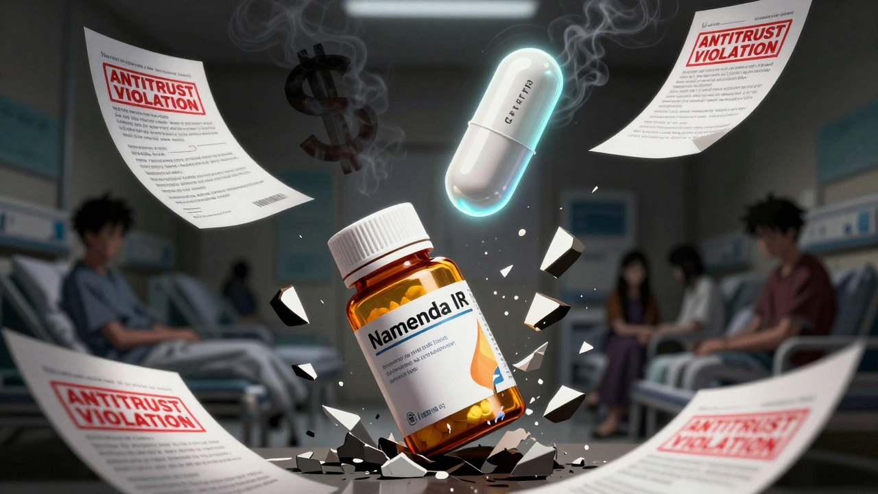 Shattered original pill fragments below glowing new capsule, legal stamps and dollar signs swirl in smoke.