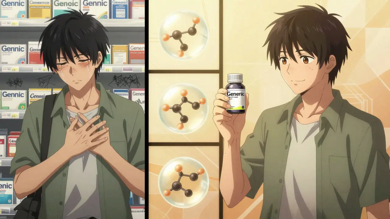 Split image: a person suffering beside a generic pill vs. calm and relieved with an authorized generic.