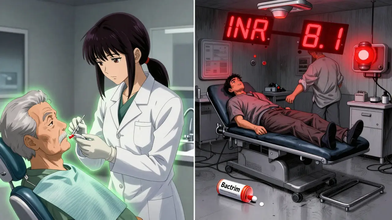 Split scene: calm dental visit with clindamycin vs. emergency room collapse from Bactrim-induced bleeding.