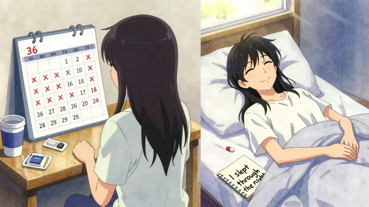 Split scene: left shows patient surrounded by failed diets and calendar marks, right shows same person sleeping peacefully at dawn.