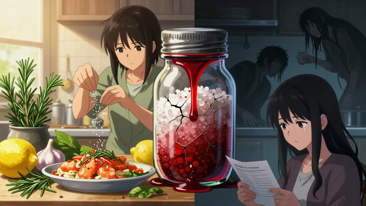 Split scene: safe herbs on one side, dangerous salt substitute oozing crimson fluid on the other.