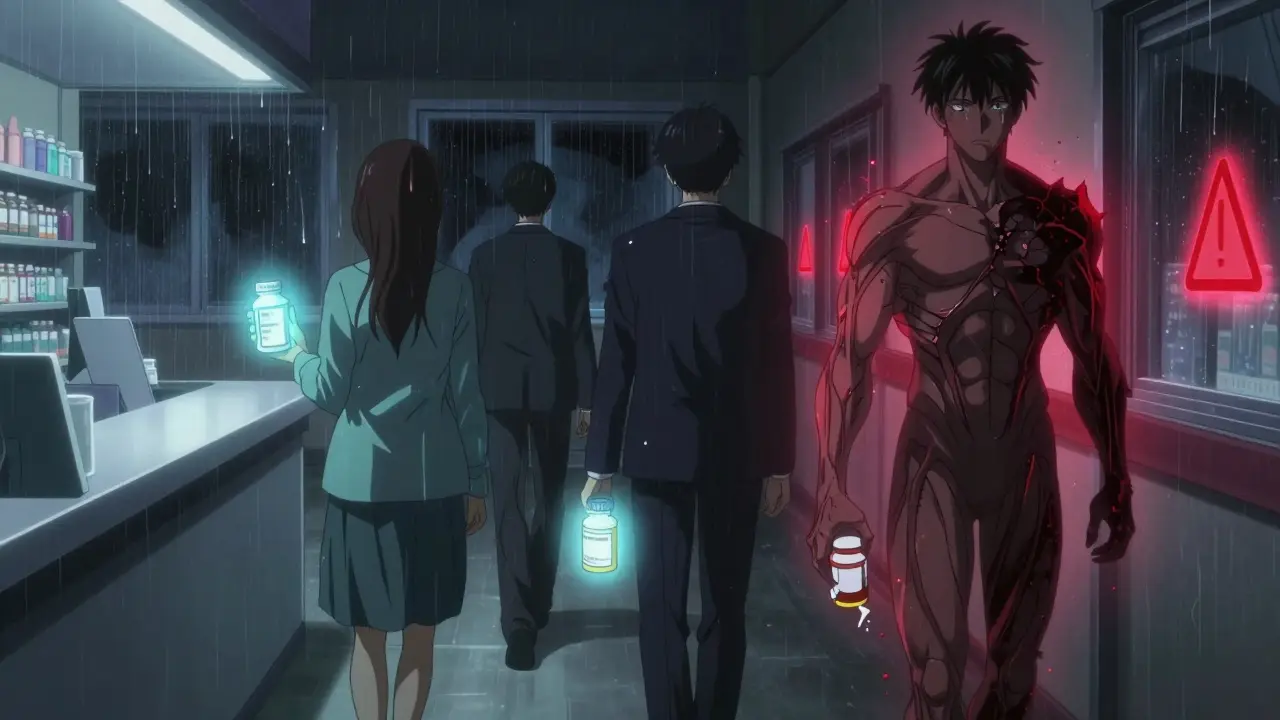 Three patients walking away from a pharmacy, one safe, one transforming into muscle damage, symbolizing safer alternatives to simvastatin.