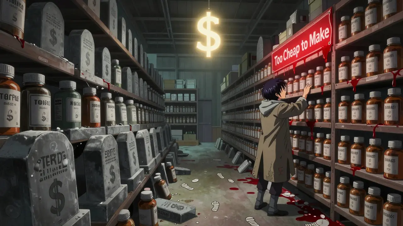 Warehouse of generic drug bottles collapsing under financial pressure,  sign glowing above.