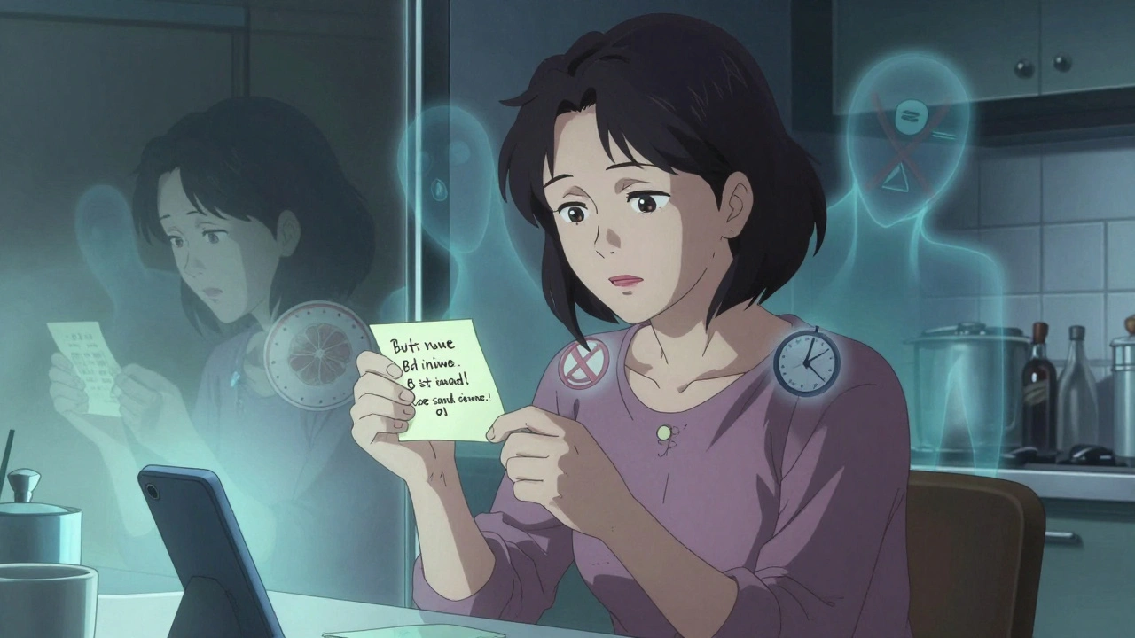 Woman at kitchen table with ghostly warning symbols reflected in the mirror.