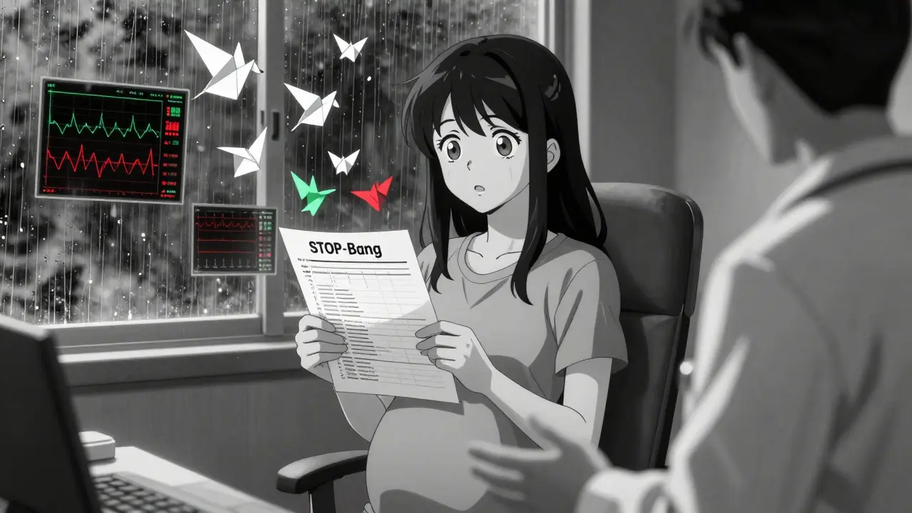 Woman in clinic holding sleep screening form as medical data floats around her like origami birds in high-contrast anime style.