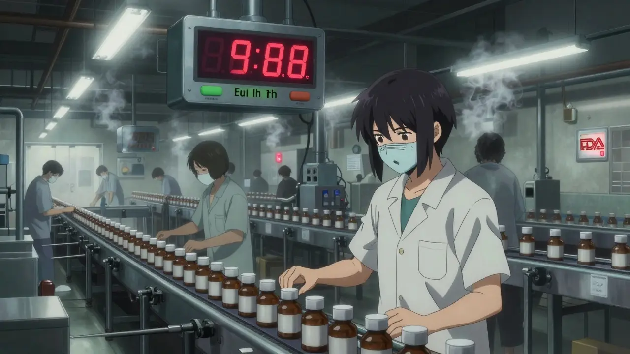 Workers in a massive overseas factory move pill bottles under flickering lights, with a faded FDA badge glowing on the wall.
