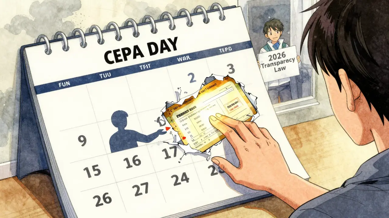 A calendar tears as a patient reaches for a grant form while a doctor offers an alternative.