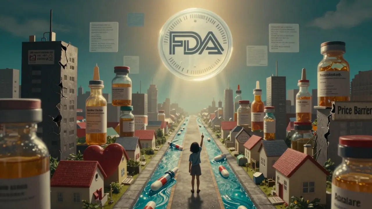 A city made of pill bottles with a giant FDA seal in the sky, light shining over diverse neighborhoods.