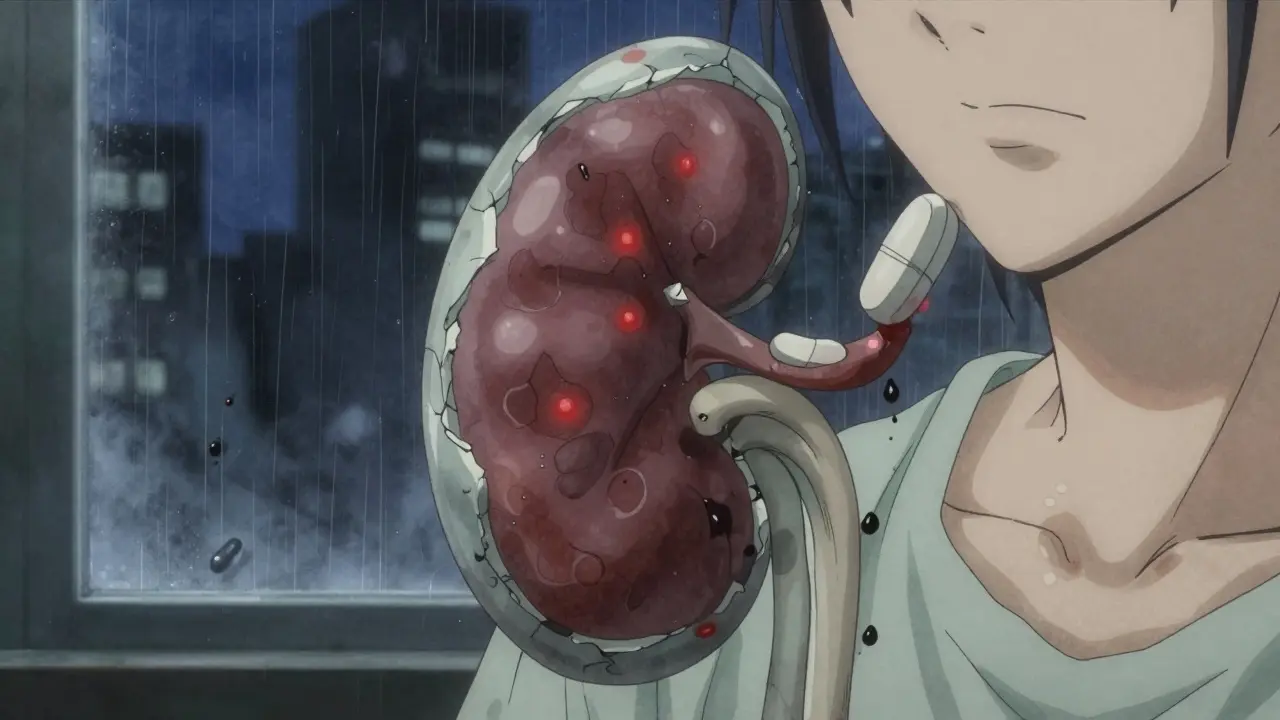 A cracked porcelain kidney with pills dissolving into black ink, symbolizing silent renal damage from long-term NSAID use.