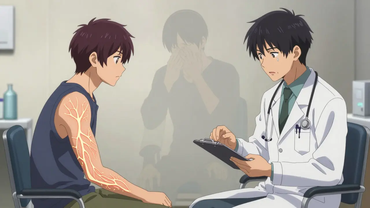 A doctor and patient in a clinic, the patient’s arm turning into neural pathways as they discuss antihistamine withdrawal.