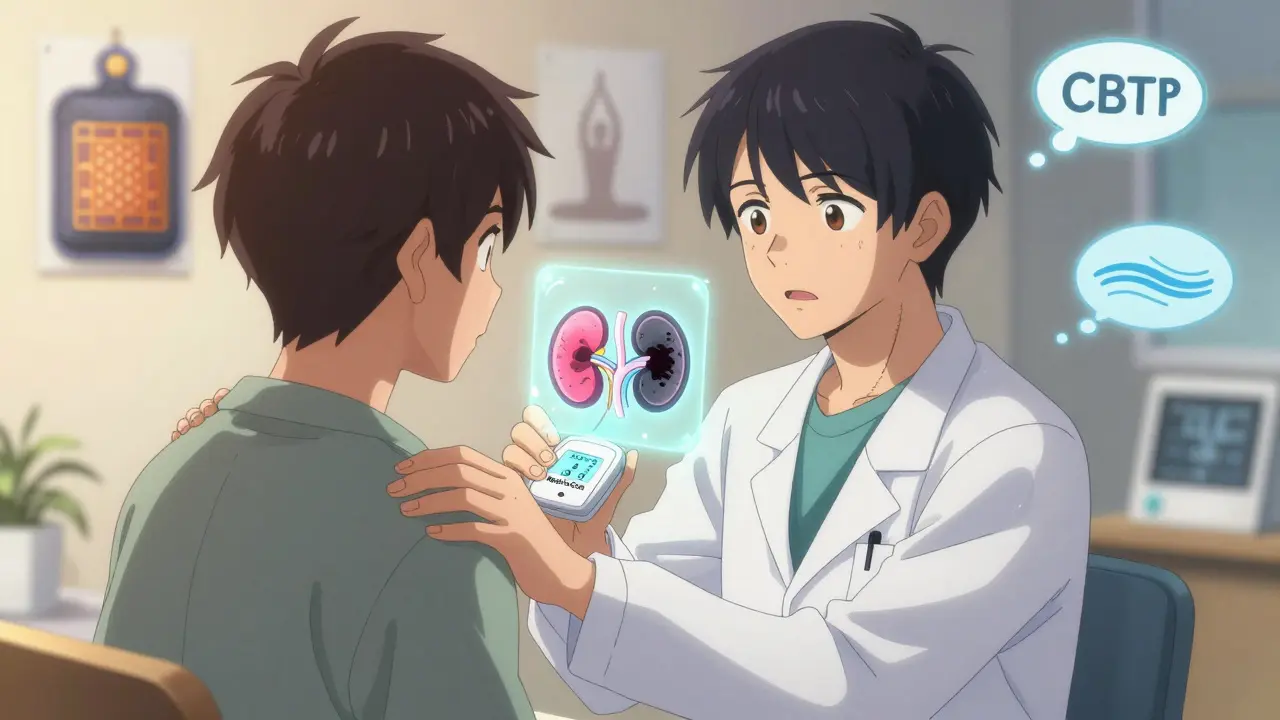 A doctor and patient viewing a holographic kidney scan, with non-drug pain relief options glowing softly in the background.