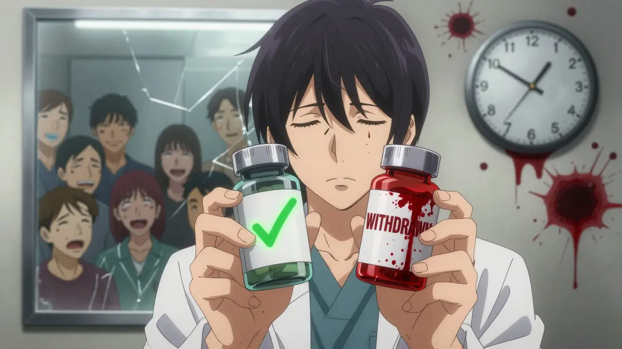 A doctor holds two pill bottles—one green, one bloody—while fractured mirrors reflect suffering patients and a backward-ticking clock.