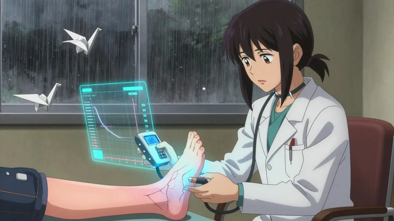 A doctor measures ankle blood pressure while one foot shows healthy circulation and the other has blocked arteries.