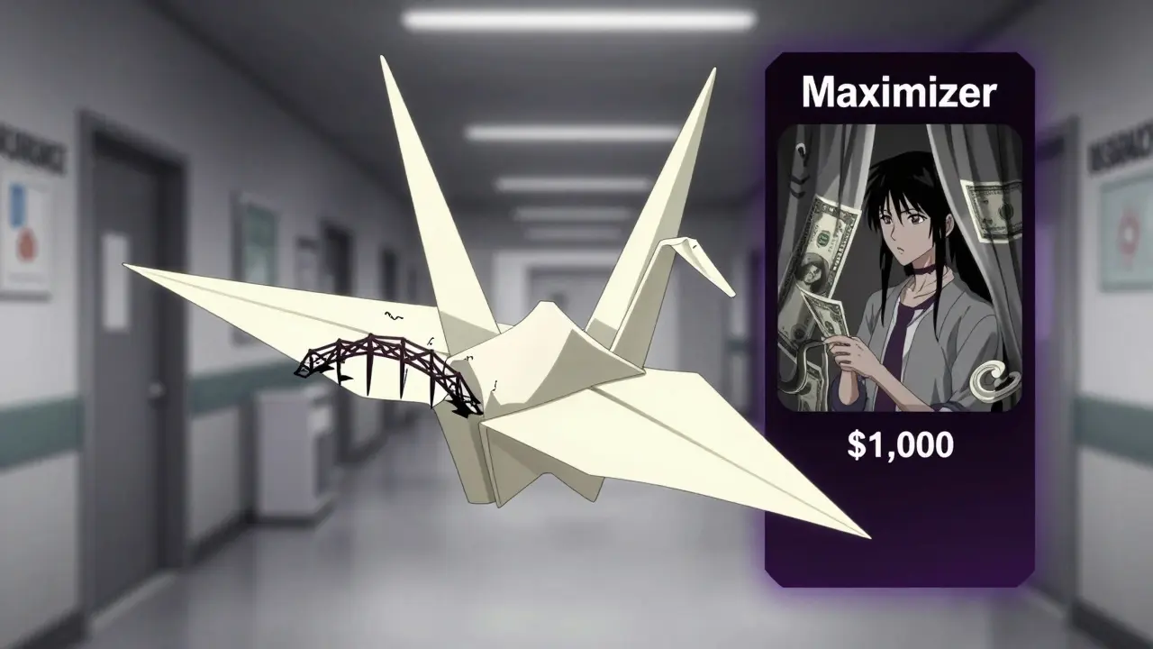 A floating medical chart splits into two deceptive paths labeled Accumulator and Maximizer.