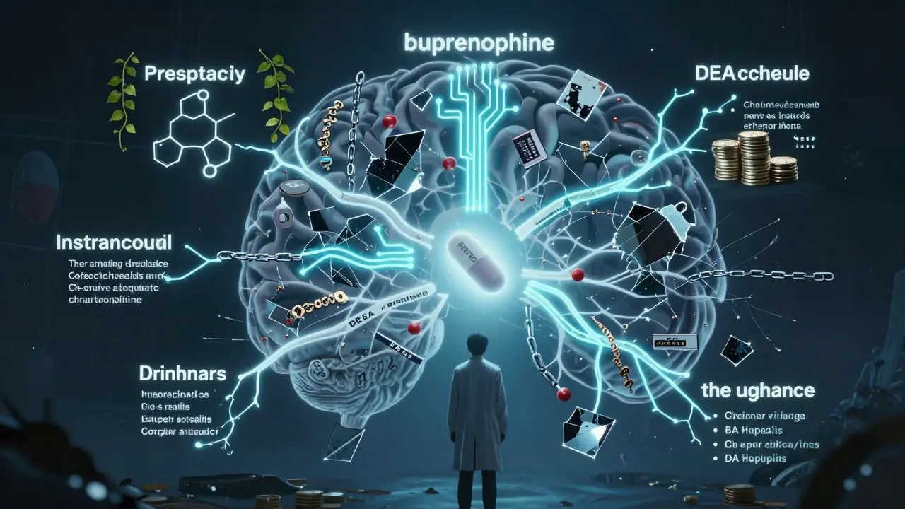 A glowing brain shows five classification systems intertwined, with a single pill at its center.