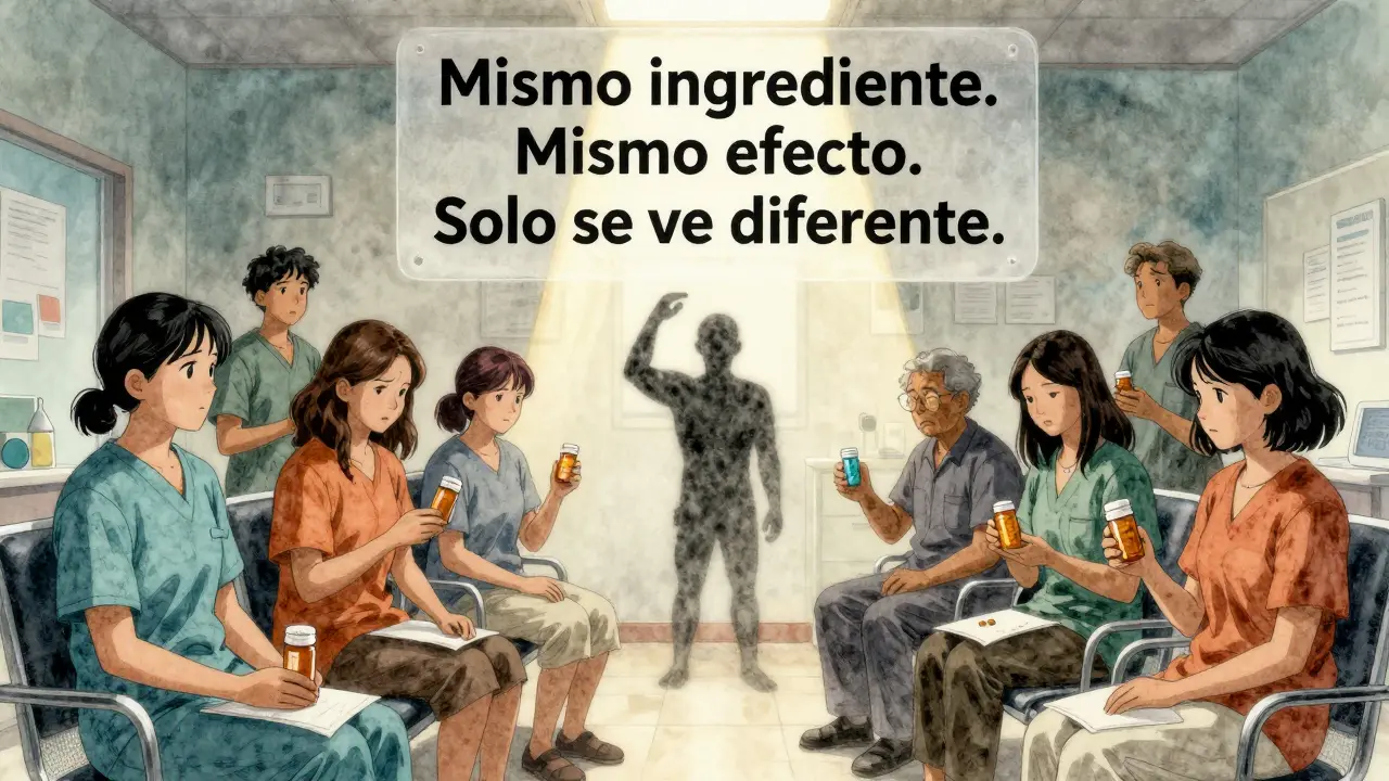 A group of Spanish-speaking patients in a clinic are calmed by a visual explanation of generic medications.