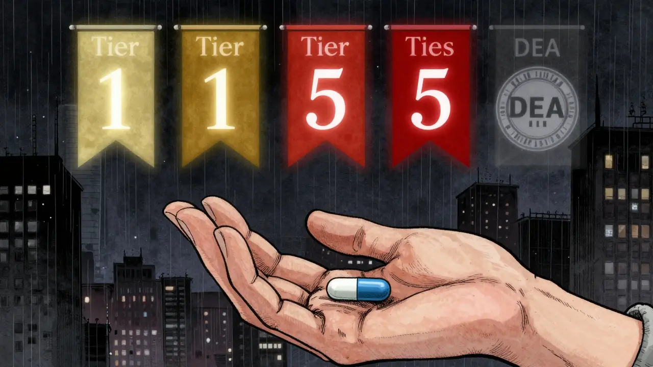 A hand holds two identical pills as insurance tiers and DEA symbols hover above in a rainy cityscape.