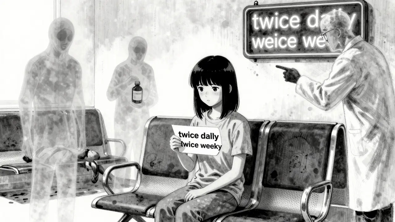 A patient in a hospital room holding a flickering label that changes from 'twice daily' to 'twice weekly', surrounded by translucent medical errors.