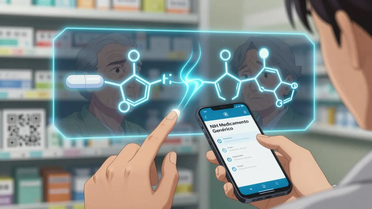 A patient scans a pill with a smartphone app showing side-by-side images of brand and generic drugs.