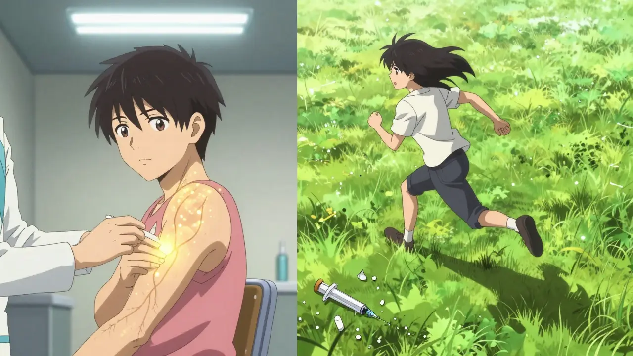 A person runs through a meadow free of allergies, with the ghostly remnants of medical treatments fading behind them.