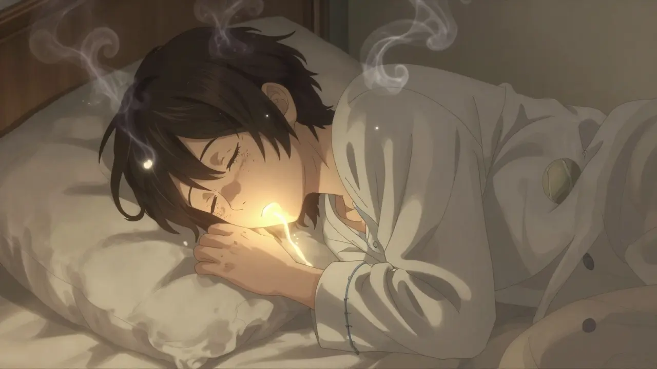 A person sleeping peacefully on their side with a glowing airway, surrounded by calming oxygen orbs.