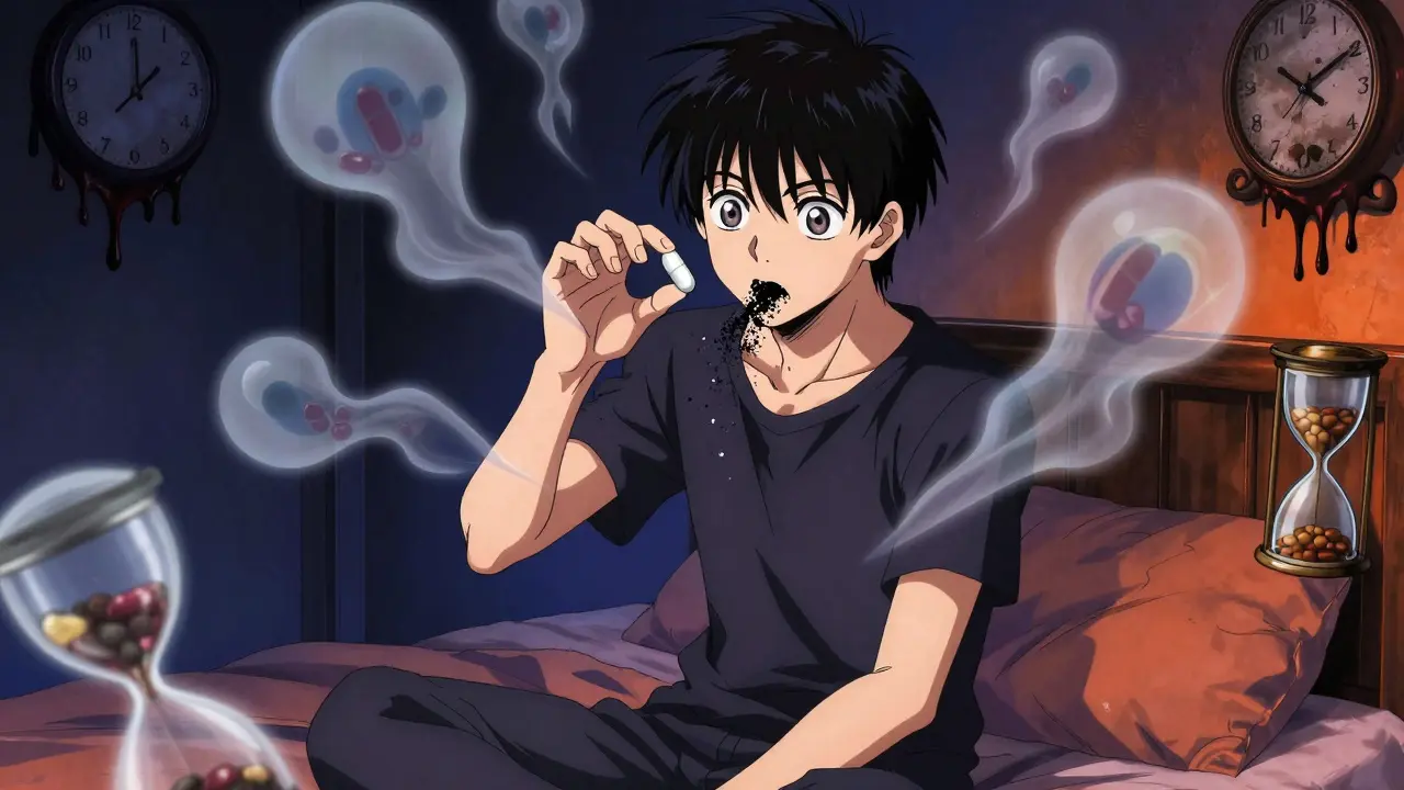 A person watching an extended-release pill crumble into glowing black powder, opioid molecules swirling around them.