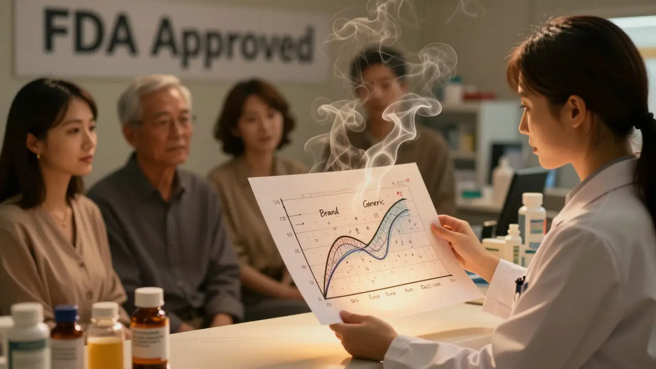 A pharmacist displaying a glowing infographic with overlapping drug absorption curves, patients nodding in understanding.