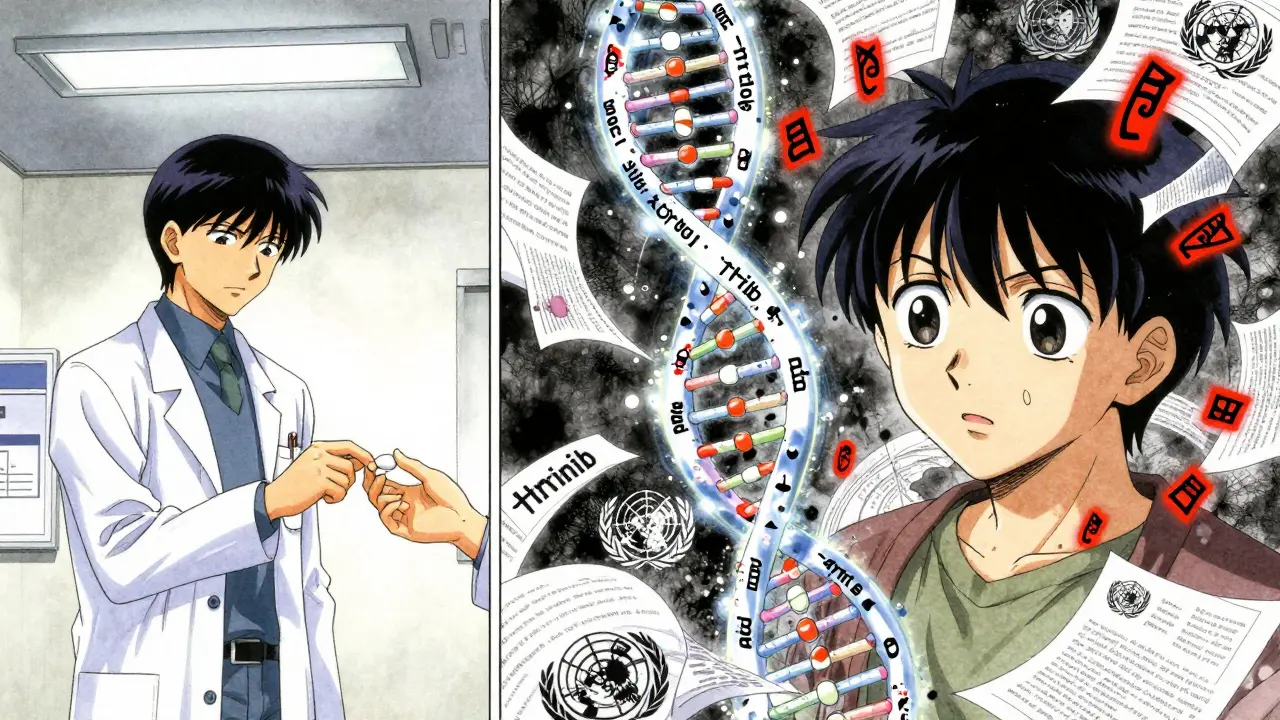 A pharmacist gives a pill while molecular suffixes like -prazole and -mab glow like ancient symbols in a surreal inner world.